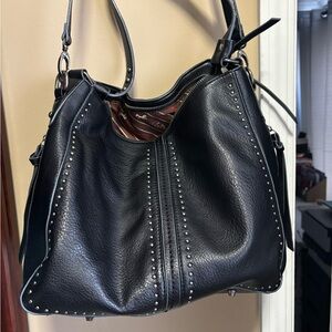 Black Studded Leather Hobo Shoulder Bag by Montana West